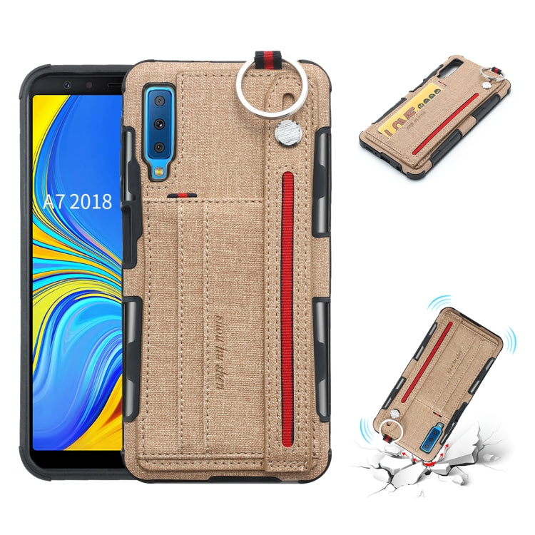 For Galaxy A7 (2018) Cloth Texture + TPU Shockproof Protective Case with Metal Ring & Holder & Card Slots & Hanging Strap