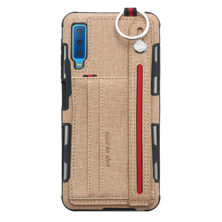 For Galaxy A7 (2018) Cloth Texture + TPU Shockproof Protective Case with Metal Ring & Holder & Card Slots & Hanging Strap