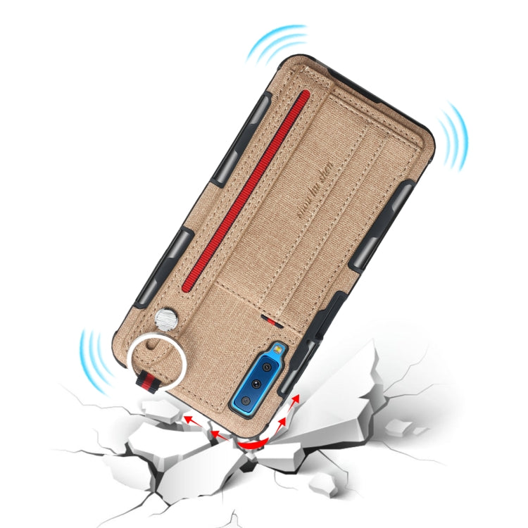 For Galaxy A7 (2018) Cloth Texture + TPU Shockproof Protective Case with Metal Ring & Holder & Card Slots & Hanging Strap