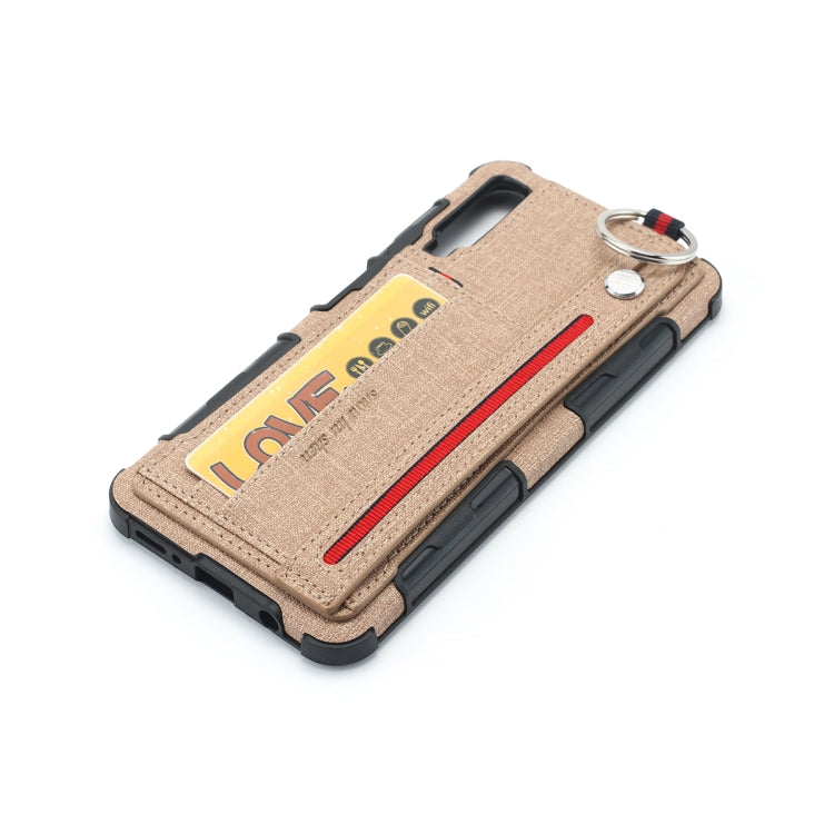 For Galaxy A7 (2018) Cloth Texture + TPU Shockproof Protective Case with Metal Ring & Holder & Card Slots & Hanging Strap