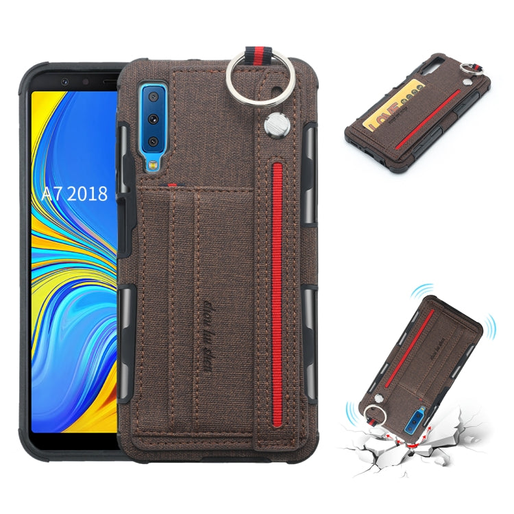 For Galaxy A7 (2018) Cloth Texture + TPU Shockproof Protective Case with Metal Ring & Holder & Card Slots & Hanging Strap