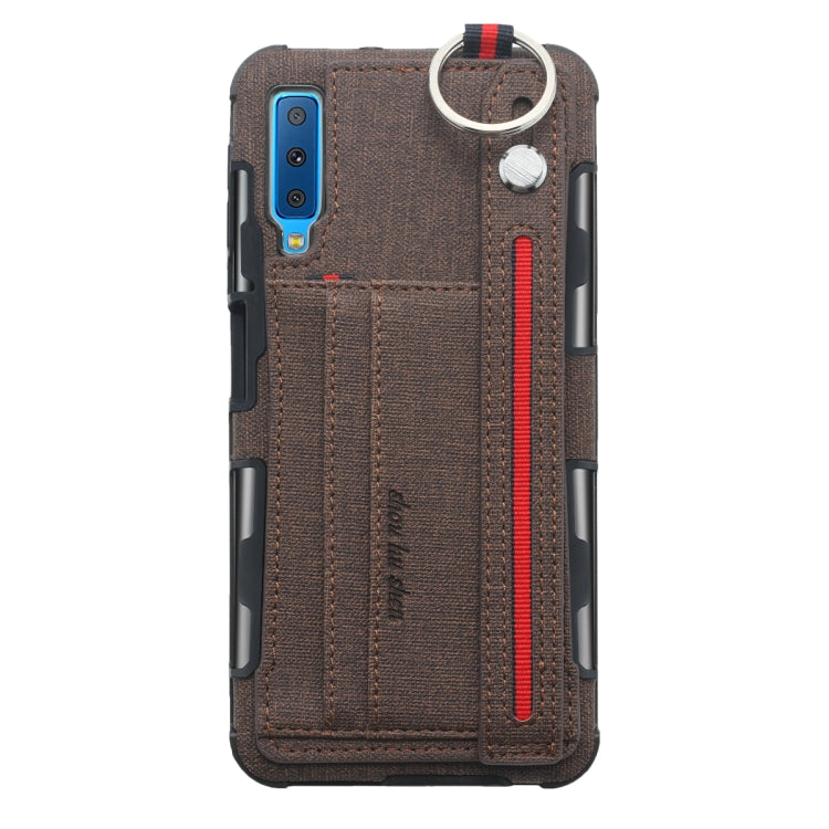 For Galaxy A7 (2018) Cloth Texture + TPU Shockproof Protective Case with Metal Ring & Holder & Card Slots & Hanging Strap