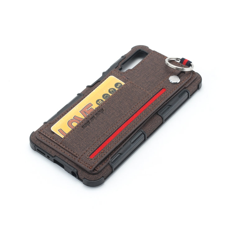For Galaxy A7 (2018) Cloth Texture + TPU Shockproof Protective Case with Metal Ring & Holder & Card Slots & Hanging Strap