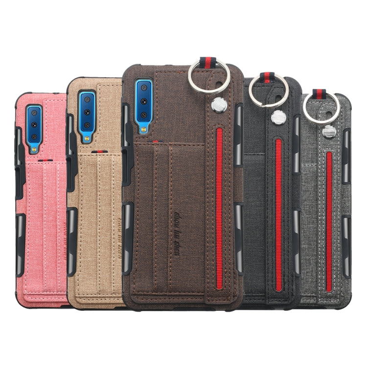 For Galaxy A7 (2018) Cloth Texture + TPU Shockproof Protective Case with Metal Ring & Holder & Card Slots & Hanging Strap