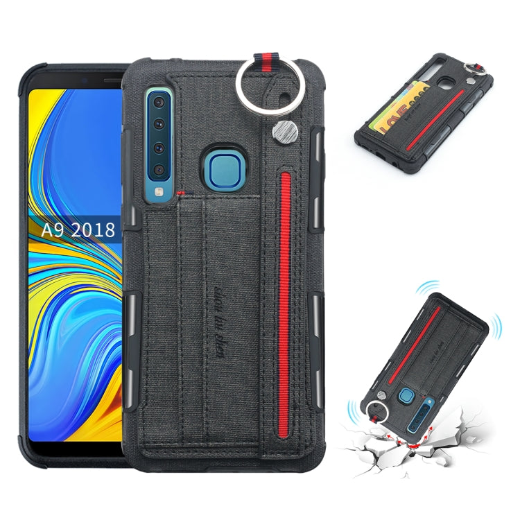 For Galaxy A9 (2018) / A9s Cloth Texture + TPU Shockproof Protective Case with Metal Ring & Holder & Card Slots & Hanging Strap