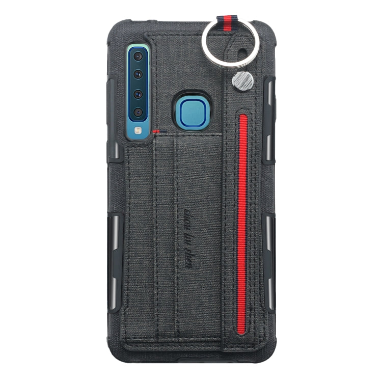 For Galaxy A9 (2018) / A9s Cloth Texture + TPU Shockproof Protective Case with Metal Ring & Holder & Card Slots & Hanging Strap