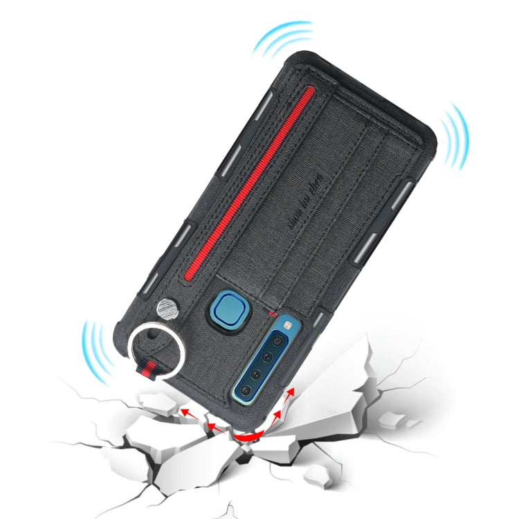 For Galaxy A9 (2018) / A9s Cloth Texture + TPU Shockproof Protective Case with Metal Ring & Holder & Card Slots & Hanging Strap
