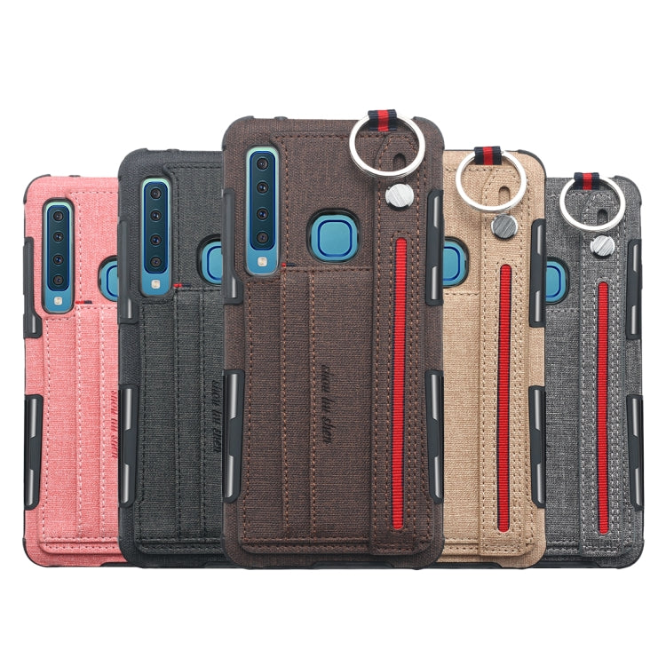 For Galaxy A9 (2018) / A9s Cloth Texture + TPU Shockproof Protective Case with Metal Ring & Holder & Card Slots & Hanging Strap