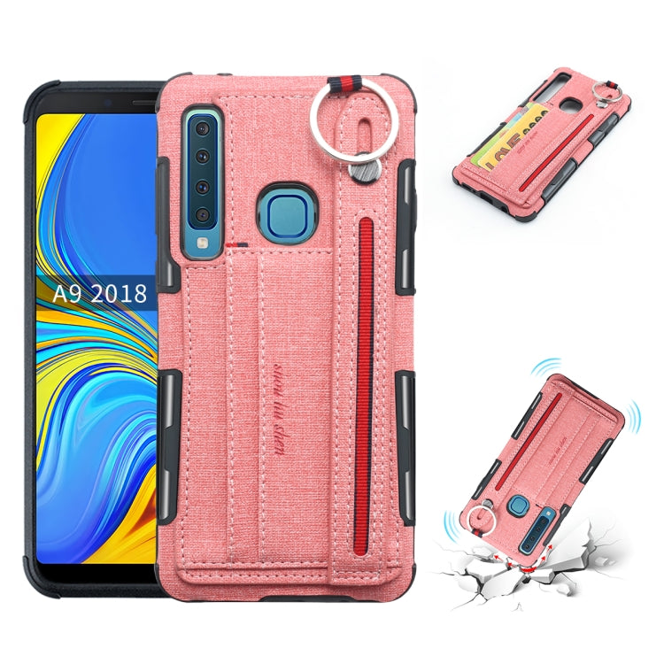 For Galaxy A9 (2018) / A9s Cloth Texture + TPU Shockproof Protective Case with Metal Ring & Holder & Card Slots & Hanging Strap