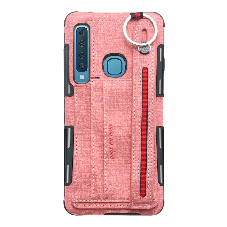 For Galaxy A9 (2018) / A9s Cloth Texture + TPU Shockproof Protective Case with Metal Ring & Holder & Card Slots & Hanging Strap