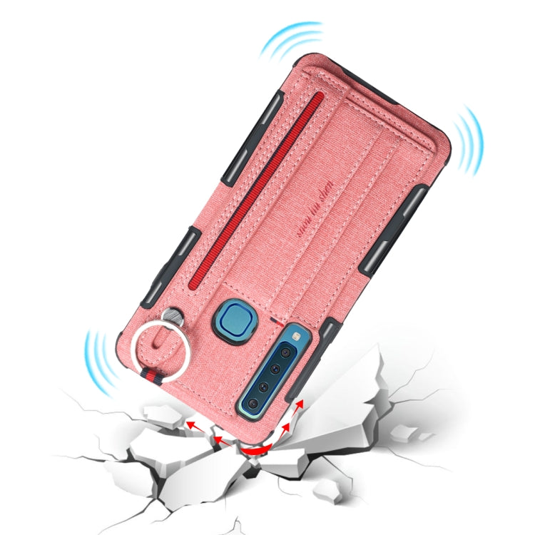 For Galaxy A9 (2018) / A9s Cloth Texture + TPU Shockproof Protective Case with Metal Ring & Holder & Card Slots & Hanging Strap