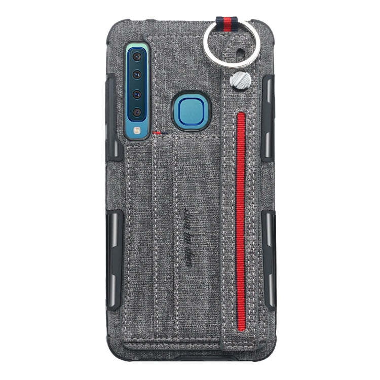 For Galaxy A9 (2018) / A9s Cloth Texture + TPU Shockproof Protective Case with Metal Ring & Holder & Card Slots & Hanging Strap