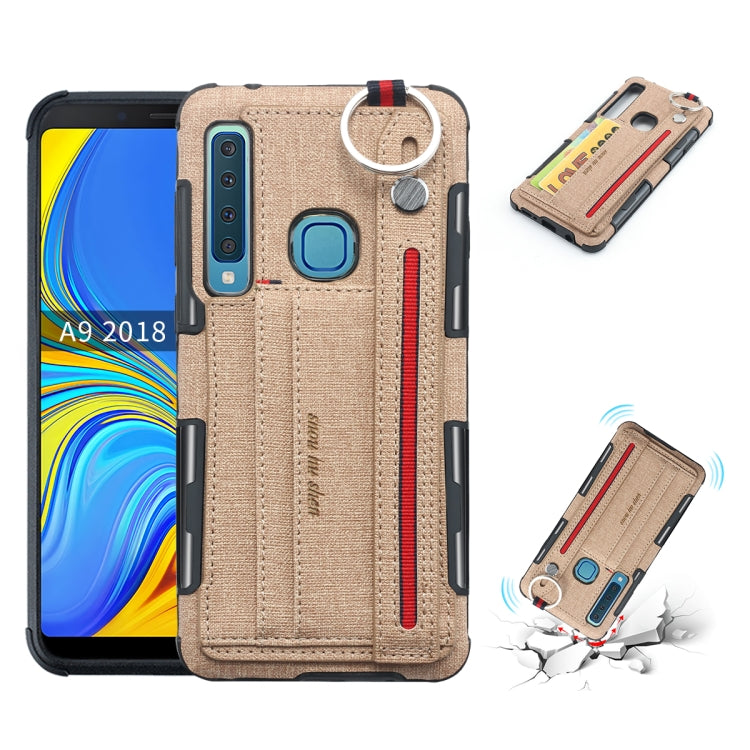 For Galaxy A9 (2018) / A9s Cloth Texture + TPU Shockproof Protective Case with Metal Ring & Holder & Card Slots & Hanging Strap
