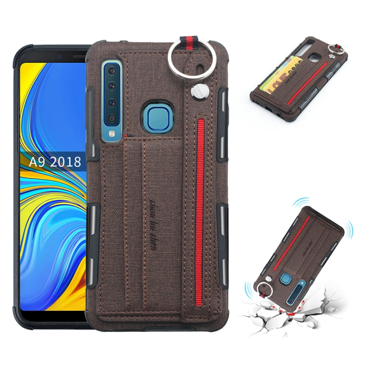 For Galaxy A9 (2018) / A9s Cloth Texture + TPU Shockproof Protective Case with Metal Ring & Holder & Card Slots & Hanging Strap