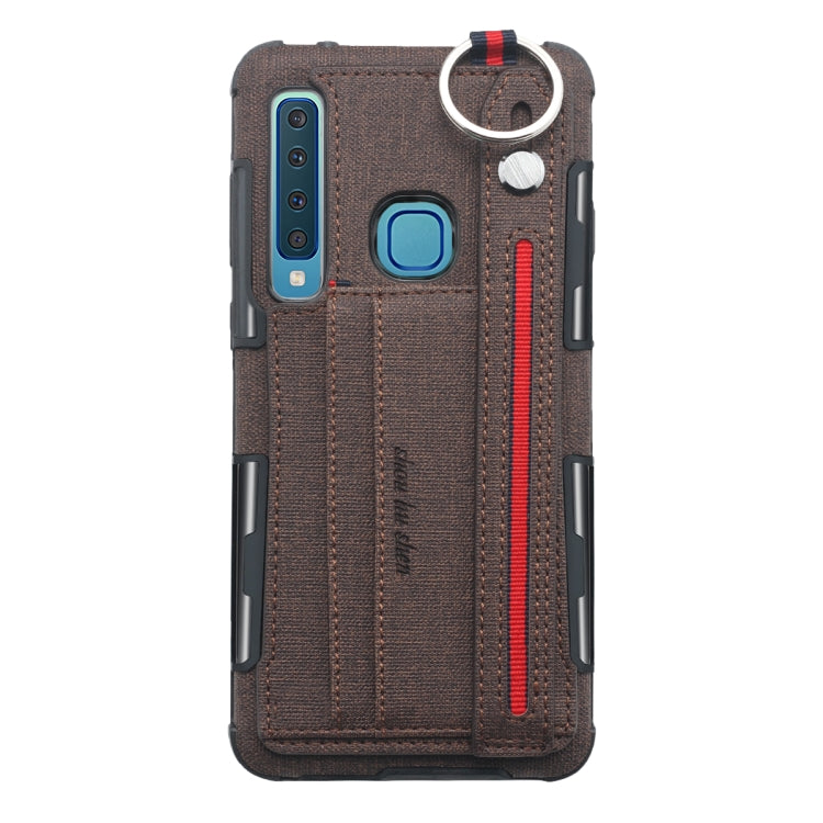 For Galaxy A9 (2018) / A9s Cloth Texture + TPU Shockproof Protective Case with Metal Ring & Holder & Card Slots & Hanging Strap