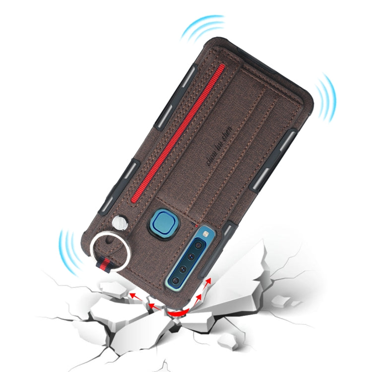 For Galaxy A9 (2018) / A9s Cloth Texture + TPU Shockproof Protective Case with Metal Ring & Holder & Card Slots & Hanging Strap