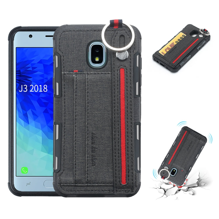 For Galaxy J3 (2018) Cloth Texture + TPU Shockproof Protective Case with Metal Ring & Holder & Card Slots & Hanging Strap
