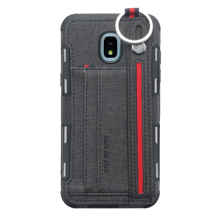 For Galaxy J3 (2018) Cloth Texture + TPU Shockproof Protective Case with Metal Ring & Holder & Card Slots & Hanging Strap