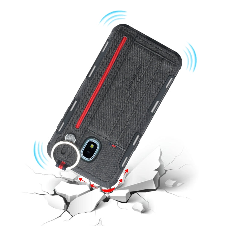 For Galaxy J3 (2018) Cloth Texture + TPU Shockproof Protective Case with Metal Ring & Holder & Card Slots & Hanging Strap