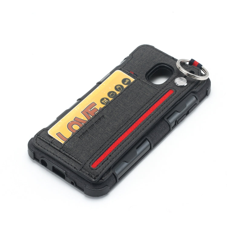 For Galaxy J3 (2018) Cloth Texture + TPU Shockproof Protective Case with Metal Ring & Holder & Card Slots & Hanging Strap