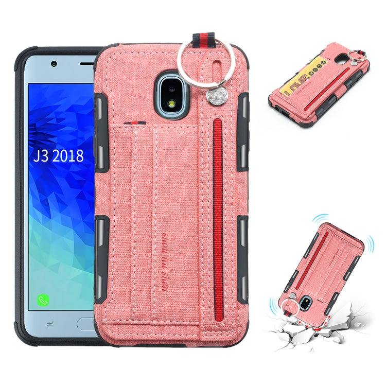 For Galaxy J3 (2018) Cloth Texture + TPU Shockproof Protective Case with Metal Ring & Holder & Card Slots & Hanging Strap