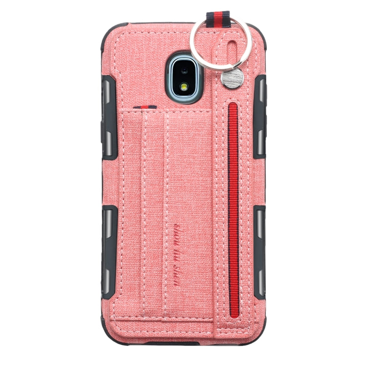 For Galaxy J3 (2018) Cloth Texture + TPU Shockproof Protective Case with Metal Ring & Holder & Card Slots & Hanging Strap