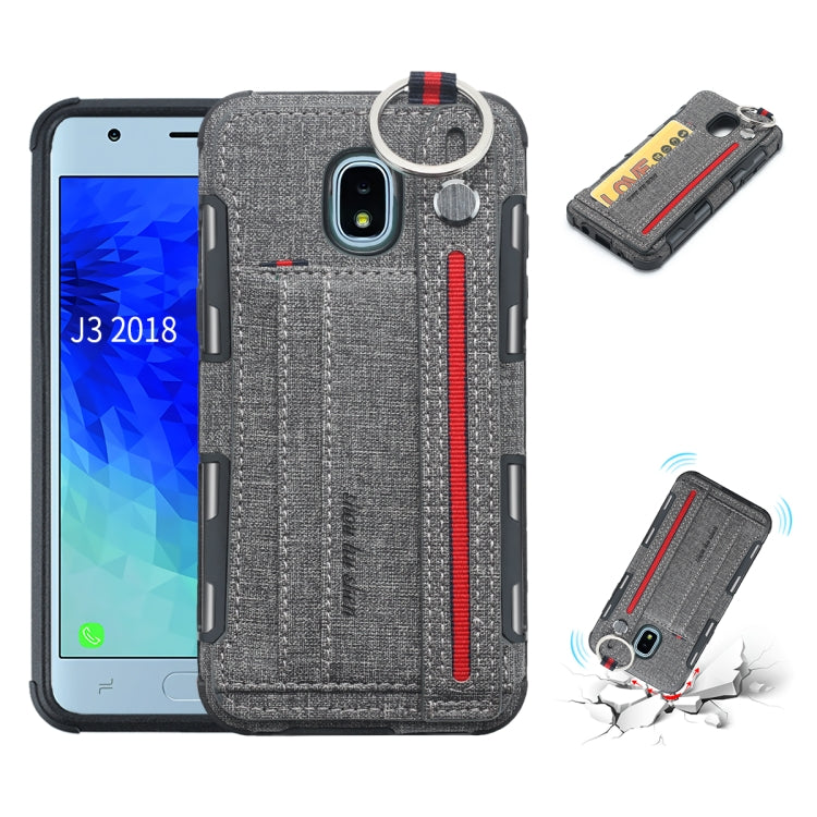 For Galaxy J3 (2018) Cloth Texture + TPU Shockproof Protective Case with Metal Ring & Holder & Card Slots & Hanging Strap