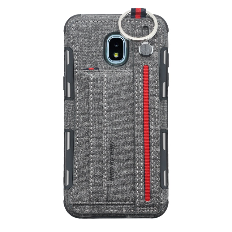 For Galaxy J3 (2018) Cloth Texture + TPU Shockproof Protective Case with Metal Ring & Holder & Card Slots & Hanging Strap