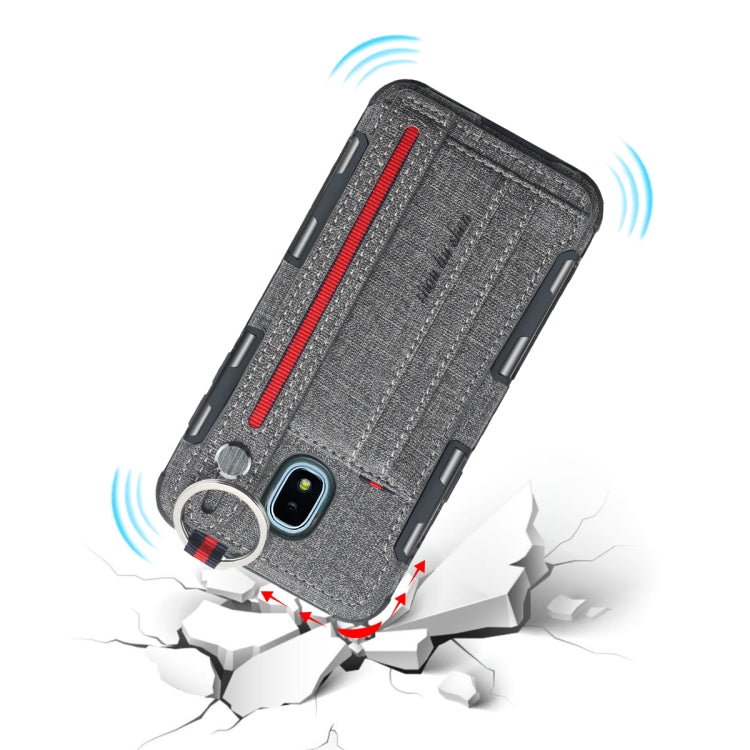 For Galaxy J3 (2018) Cloth Texture + TPU Shockproof Protective Case with Metal Ring & Holder & Card Slots & Hanging Strap