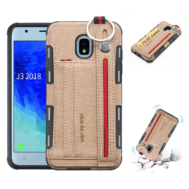 For Galaxy J3 (2018) Cloth Texture + TPU Shockproof Protective Case with Metal Ring & Holder & Card Slots & Hanging Strap