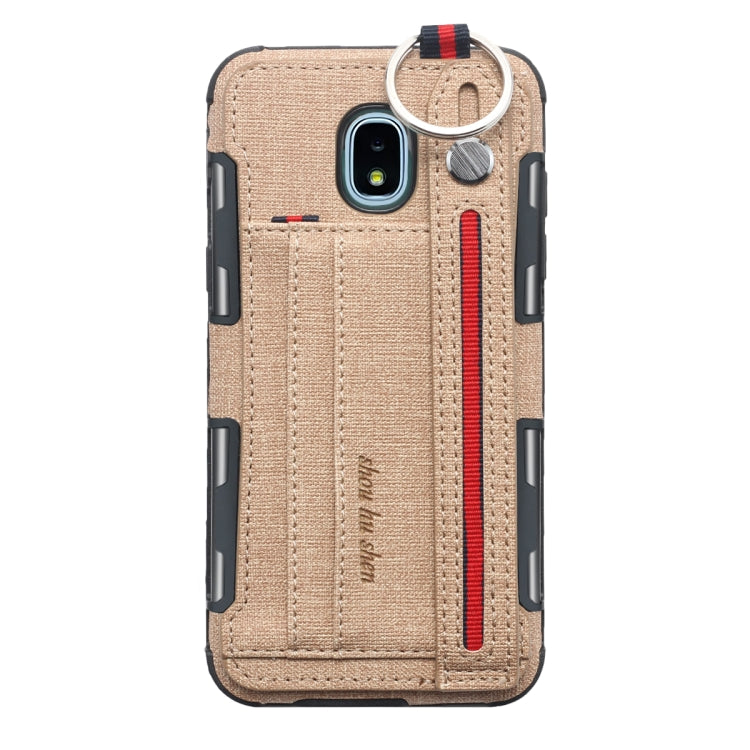 For Galaxy J3 (2018) Cloth Texture + TPU Shockproof Protective Case with Metal Ring & Holder & Card Slots & Hanging Strap