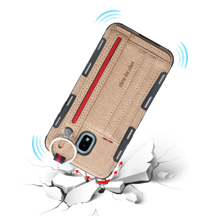 For Galaxy J3 (2018) Cloth Texture + TPU Shockproof Protective Case with Metal Ring & Holder & Card Slots & Hanging Strap