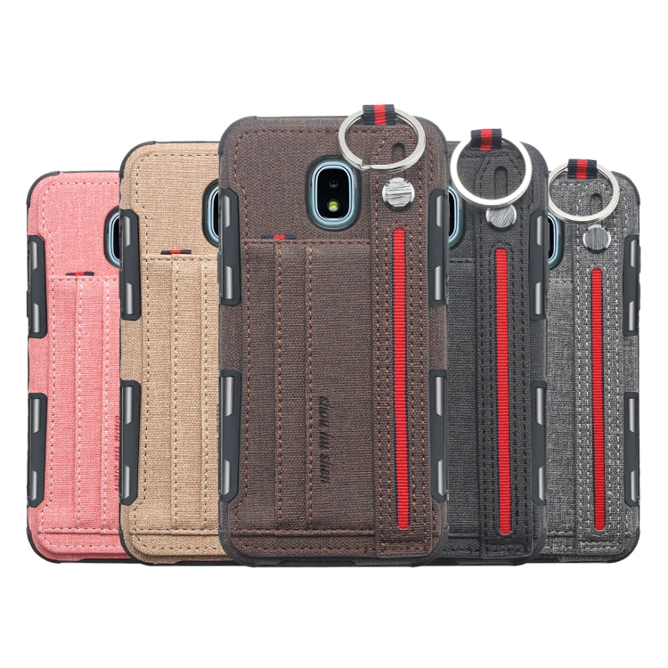 For Galaxy J3 (2018) Cloth Texture + TPU Shockproof Protective Case with Metal Ring & Holder & Card Slots & Hanging Strap