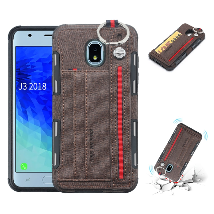 For Galaxy J3 (2018) Cloth Texture + TPU Shockproof Protective Case with Metal Ring & Holder & Card Slots & Hanging Strap