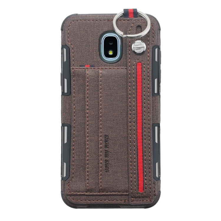 For Galaxy J3 (2018) Cloth Texture + TPU Shockproof Protective Case with Metal Ring & Holder & Card Slots & Hanging Strap