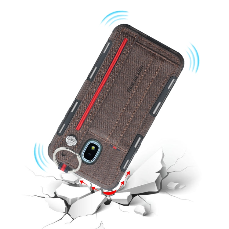 For Galaxy J3 (2018) Cloth Texture + TPU Shockproof Protective Case with Metal Ring & Holder & Card Slots & Hanging Strap