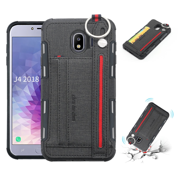 For Galaxy J4 (2018) Cloth Texture + TPU Shockproof Protective Case with Metal Ring & Holder & Card Slots & Hanging Strap