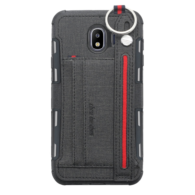 For Galaxy J4 (2018) Cloth Texture + TPU Shockproof Protective Case with Metal Ring & Holder & Card Slots & Hanging Strap