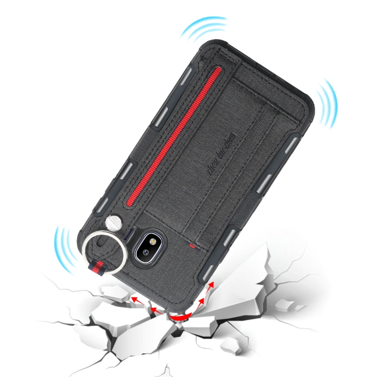 For Galaxy J4 (2018) Cloth Texture + TPU Shockproof Protective Case with Metal Ring & Holder & Card Slots & Hanging Strap