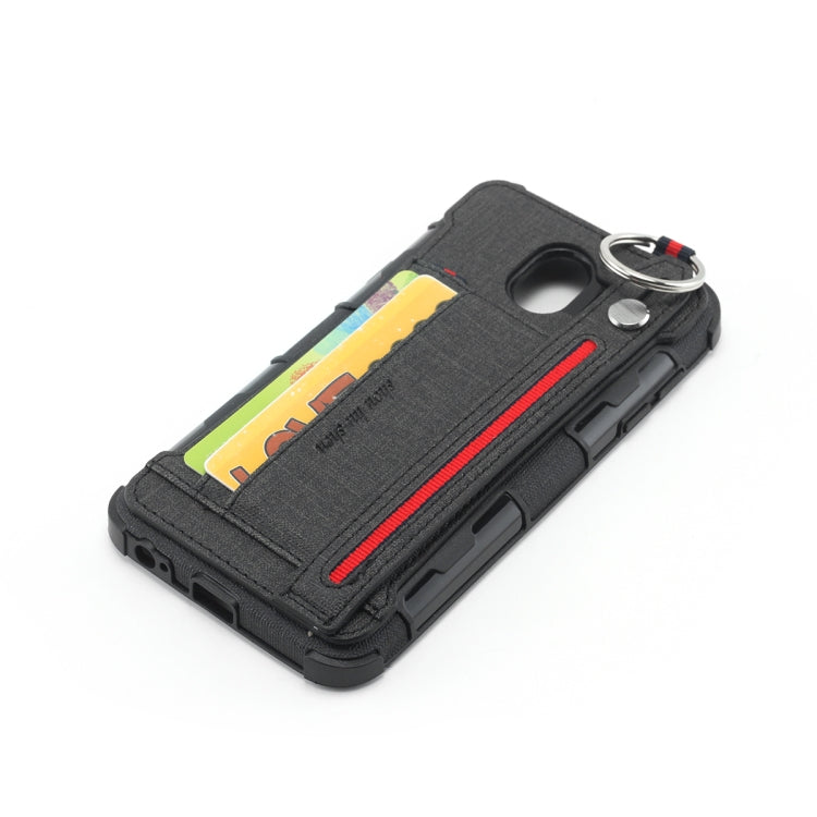 For Galaxy J4 (2018) Cloth Texture + TPU Shockproof Protective Case with Metal Ring & Holder & Card Slots & Hanging Strap