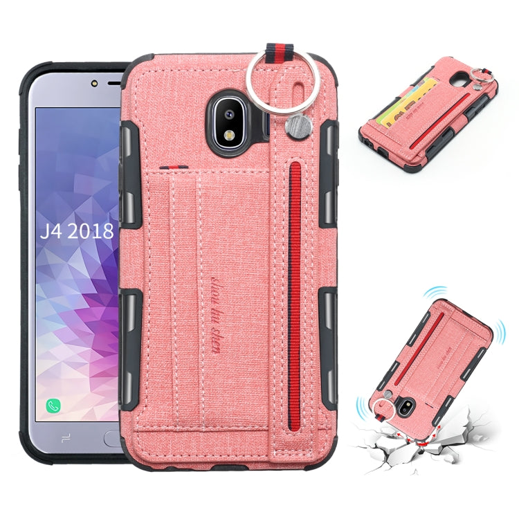 For Galaxy J4 (2018) Cloth Texture + TPU Shockproof Protective Case with Metal Ring & Holder & Card Slots & Hanging Strap