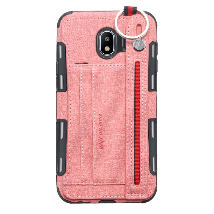 For Galaxy J4 (2018) Cloth Texture + TPU Shockproof Protective Case with Metal Ring & Holder & Card Slots & Hanging Strap