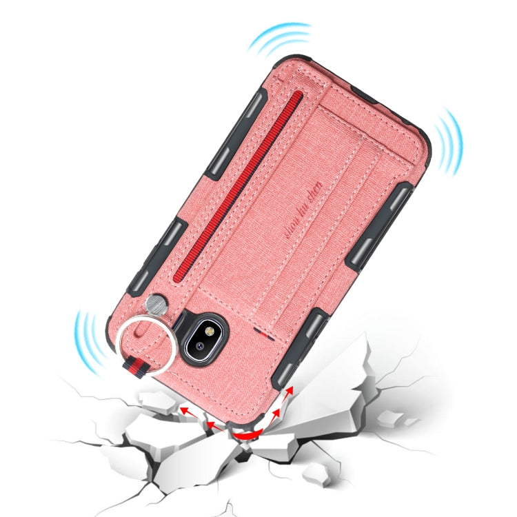 For Galaxy J4 (2018) Cloth Texture + TPU Shockproof Protective Case with Metal Ring & Holder & Card Slots & Hanging Strap