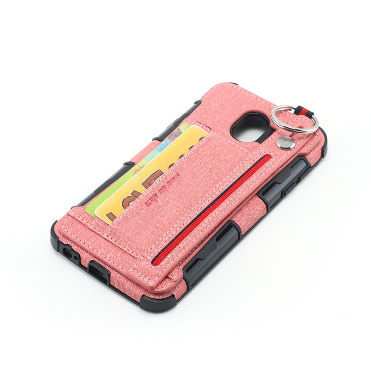 For Galaxy J4 (2018) Cloth Texture + TPU Shockproof Protective Case with Metal Ring & Holder & Card Slots & Hanging Strap