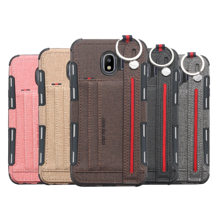 For Galaxy J4 (2018) Cloth Texture + TPU Shockproof Protective Case with Metal Ring & Holder & Card Slots & Hanging Strap