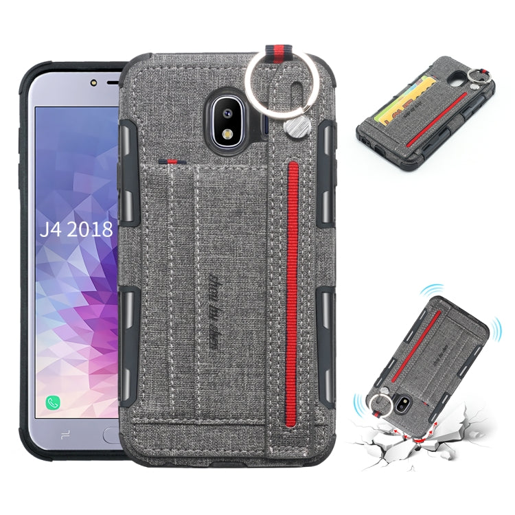 For Galaxy J4 (2018) Cloth Texture + TPU Shockproof Protective Case with Metal Ring & Holder & Card Slots & Hanging Strap