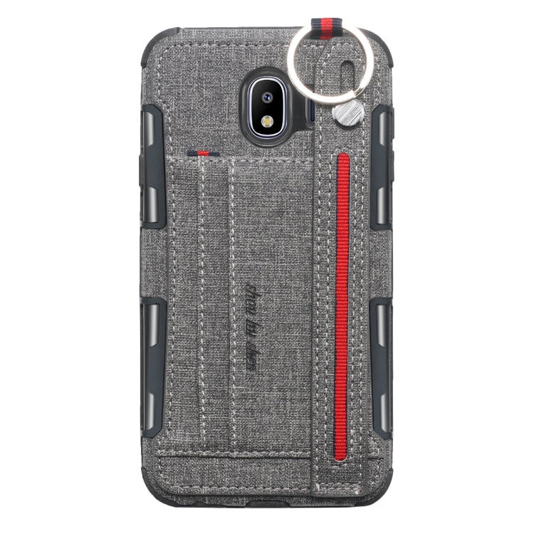 For Galaxy J4 (2018) Cloth Texture + TPU Shockproof Protective Case with Metal Ring & Holder & Card Slots & Hanging Strap