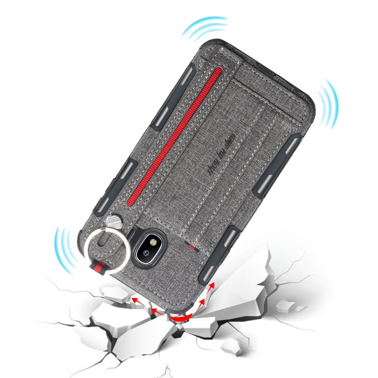 For Galaxy J4 (2018) Cloth Texture + TPU Shockproof Protective Case with Metal Ring & Holder & Card Slots & Hanging Strap