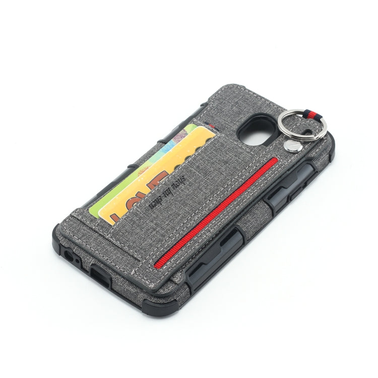 For Galaxy J4 (2018) Cloth Texture + TPU Shockproof Protective Case with Metal Ring & Holder & Card Slots & Hanging Strap