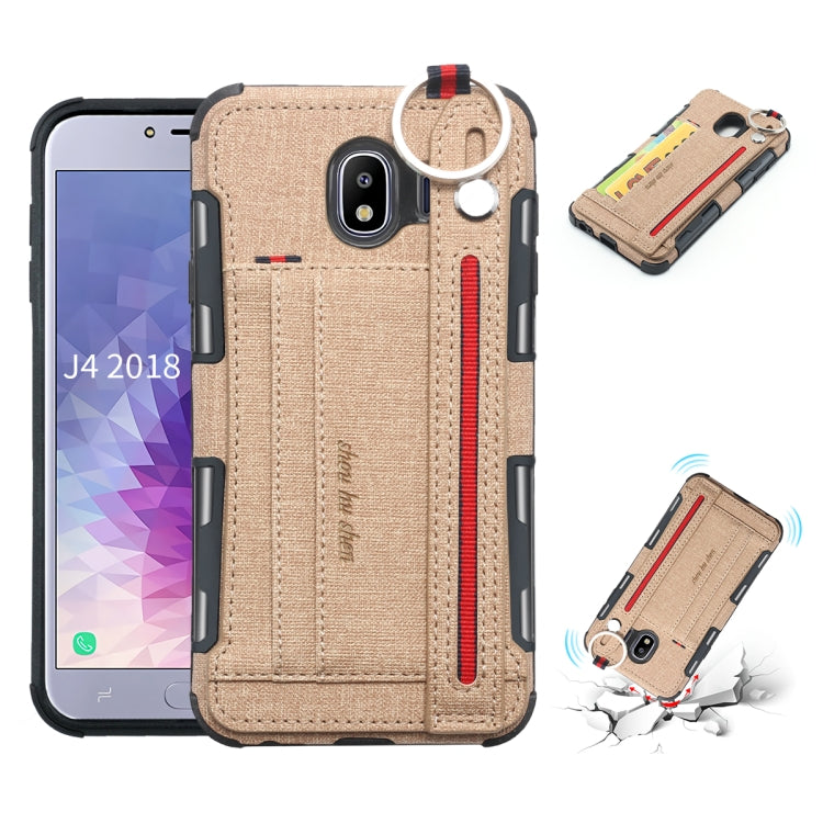 For Galaxy J4 (2018) Cloth Texture + TPU Shockproof Protective Case with Metal Ring & Holder & Card Slots & Hanging Strap